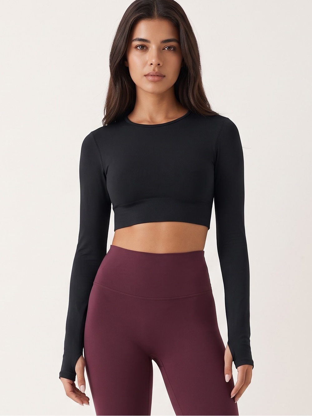 HALARA Cropped Long Sleeve Yoga Sports Top Black Stretch Round Neck Thumbholes M